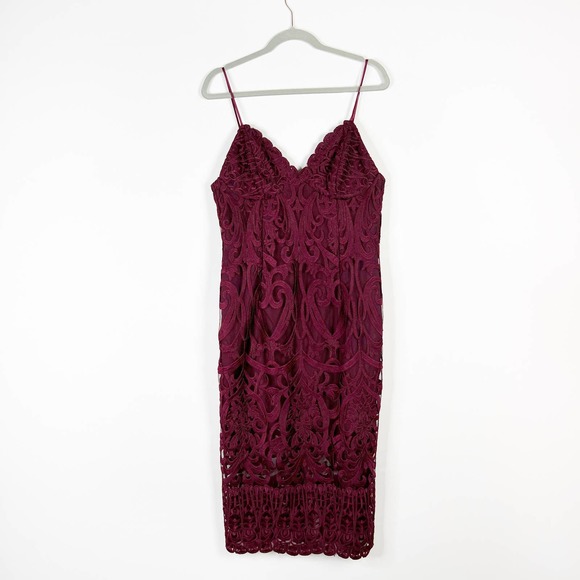 Bardot Gia burgundy red lace embroidered mesh cocktail midi dress size 10 - Picture 7 of 8